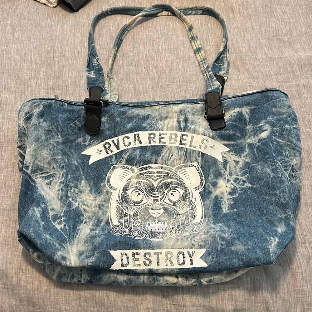 RVCA tie dye denim tote with zipper and zipper inside pocket